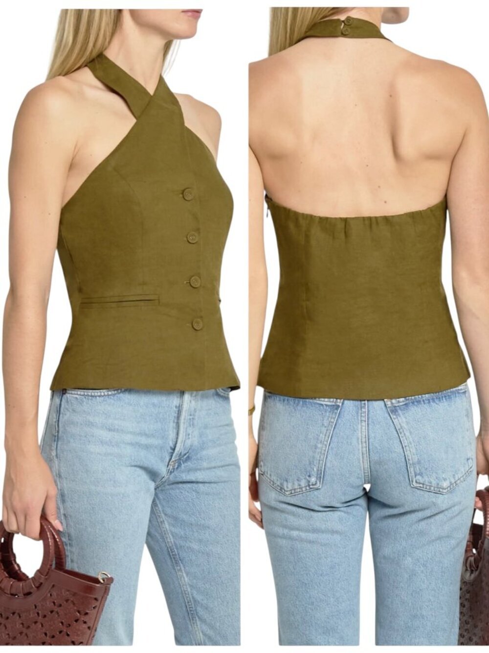O.P.T Yvonne Green Linen Halter Top Size 8 NWT Open Back